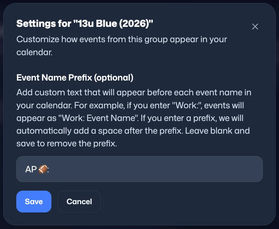 gmCalSync group settings dialog with an Event Name Prefix entered so synced events are labelled before their name