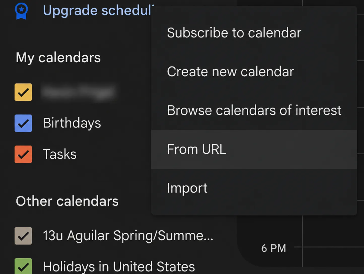 Google Calendar sidebar with the Add calendar menu open and From URL highlighted below Subscribe to calendar, Create new calendar and Browse calendars of interest