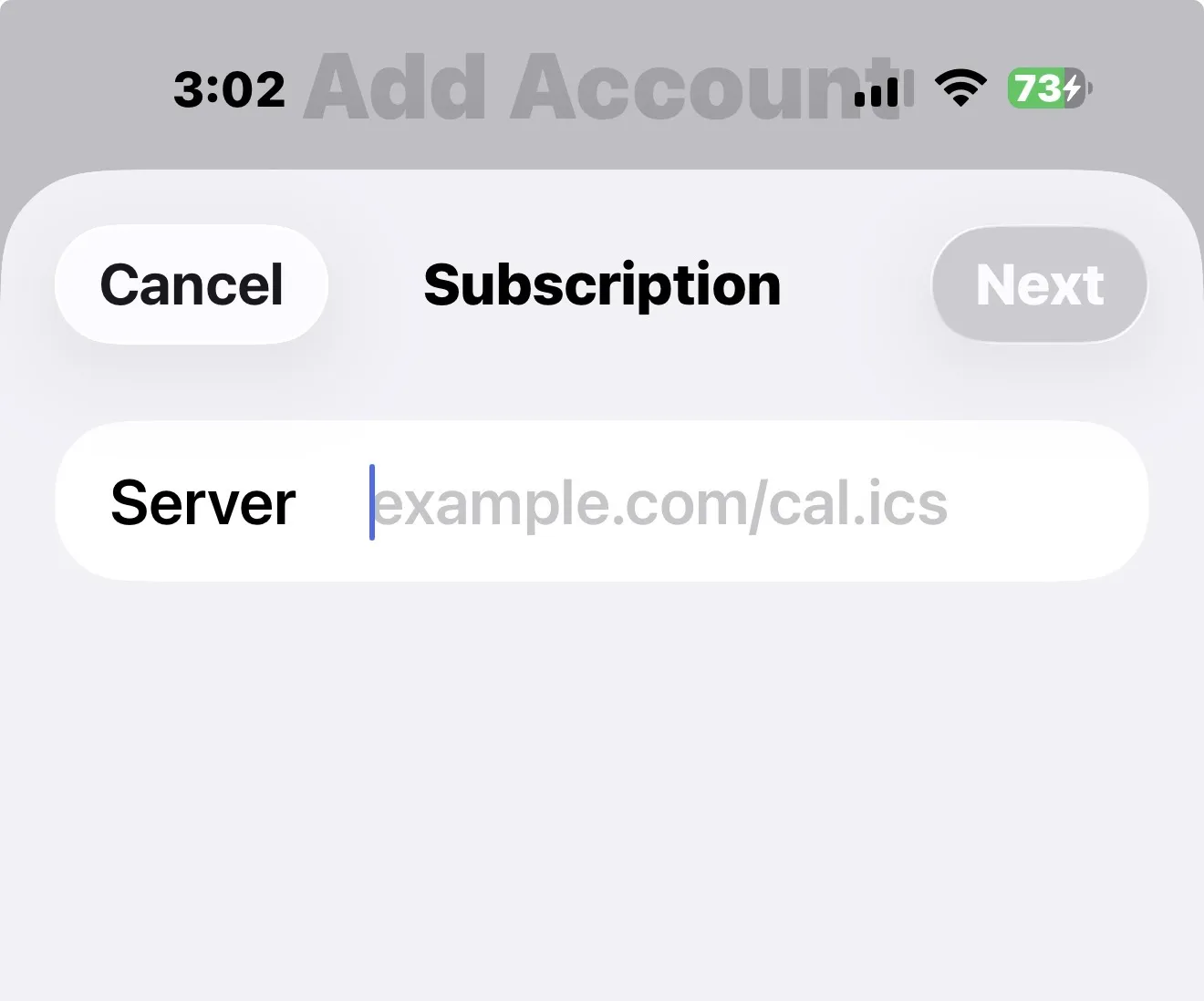iPhone Add Account Subscription screen with a Server field showing the example.com/cal.ics placeholder, and Cancel and Next buttons