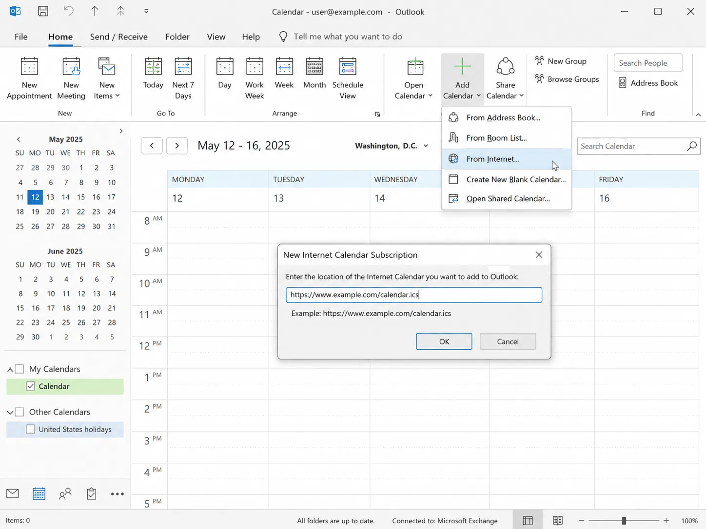 Outlook desktop Home tab with Add Calendar expanded, From Internet highlighted, and the New Internet Calendar Subscription dialog open