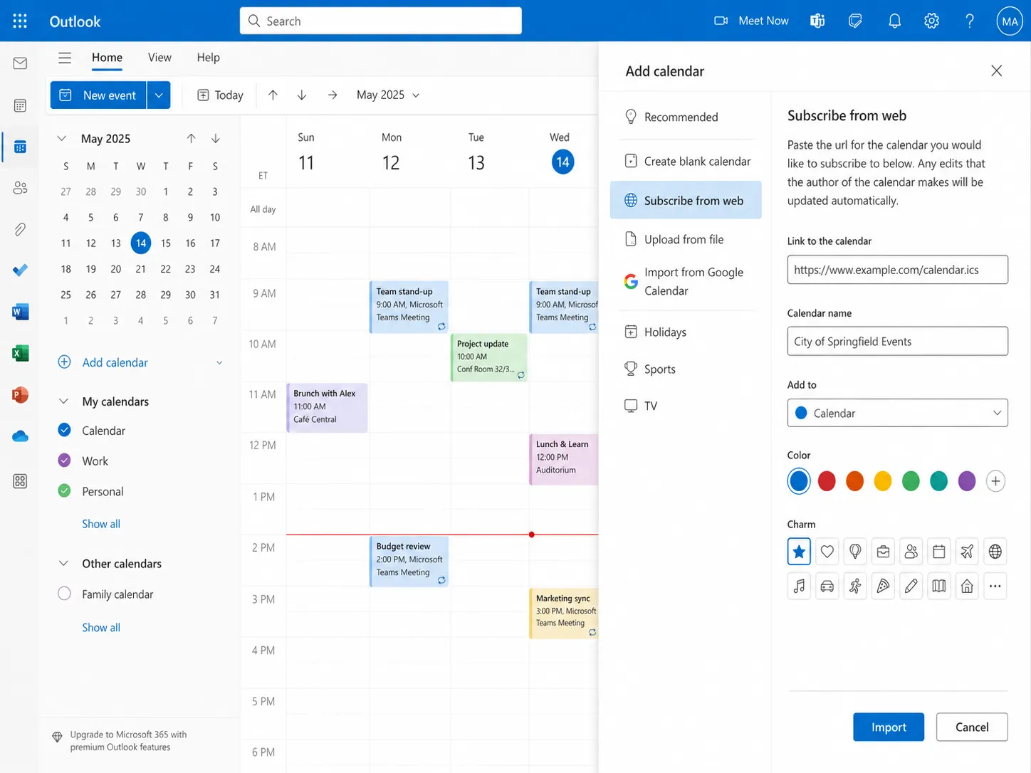 Outlook on the web with the Add calendar panel open, Subscribe from web selected, and Link to the calendar and Calendar name fields filled in