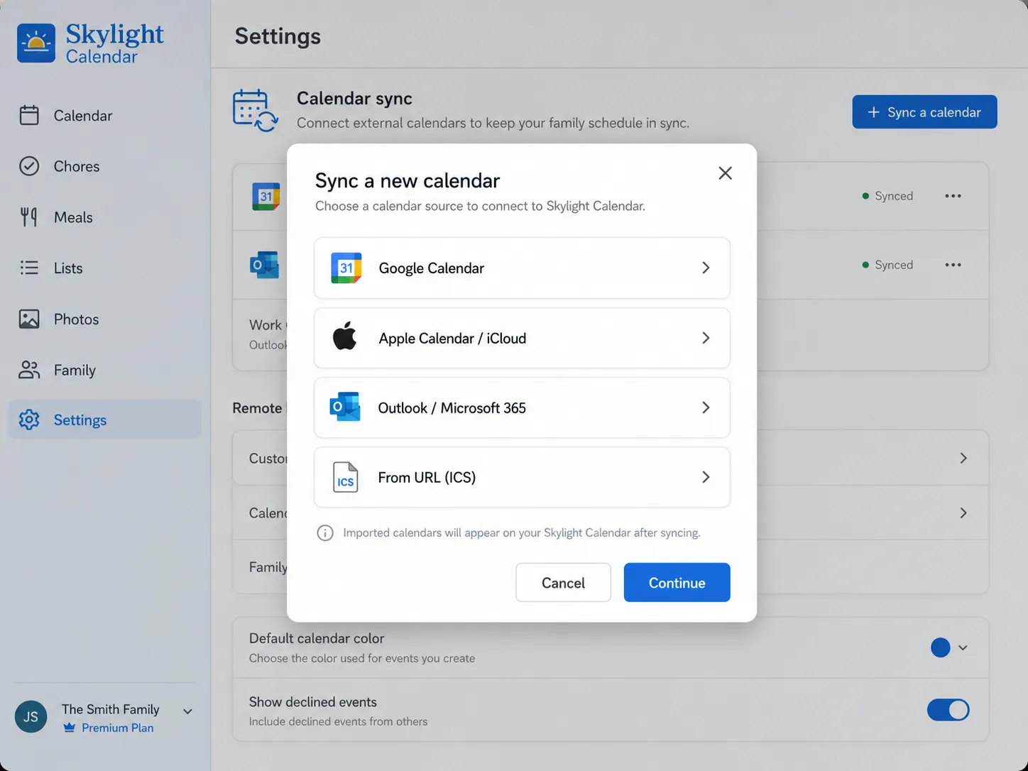 Skylight Calendar settings with the Sync a new calendar dialog open, listing Google Calendar, Apple Calendar iCloud, Outlook Microsoft 365 and From URL ICS as sources